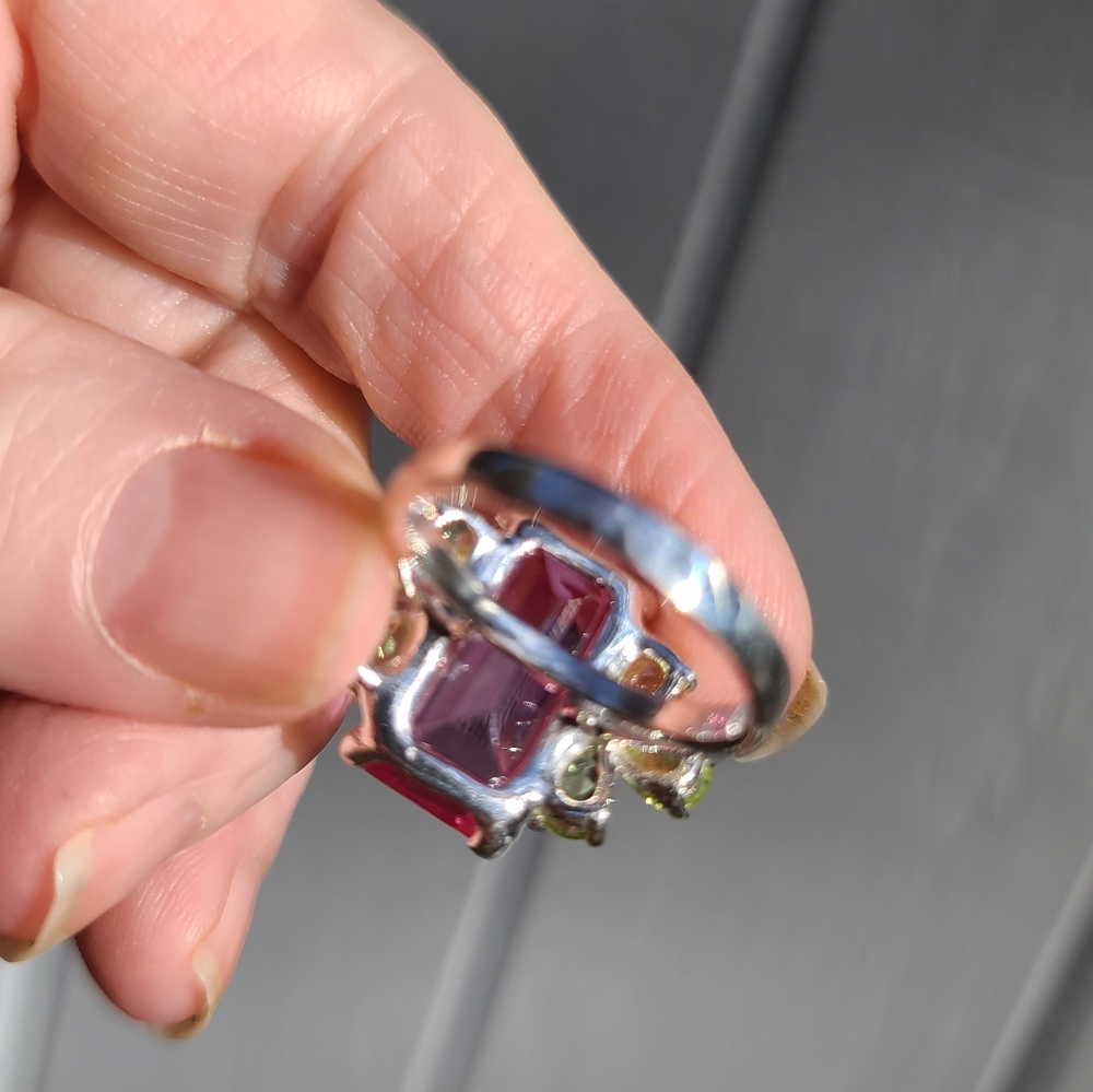 Pink Topaz massive 8k emerald cut with pear shape Peridot sterling ring sz 8 - Picture 3 of 17